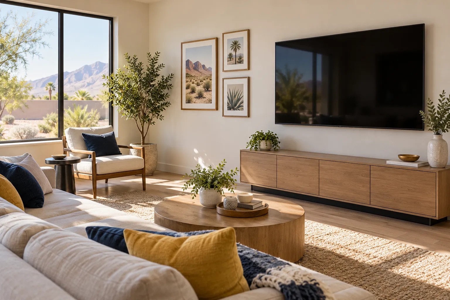 Illustrative living room with a flat-screen TV mounted level on the wall and framed pictures hung neatly beside it